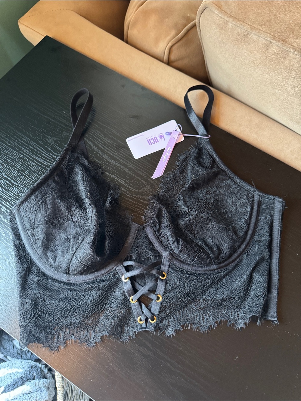 Lace Front Black Lace Bralette with Decorative Lacing